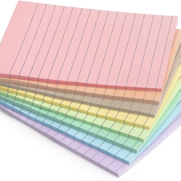 Other - 4x6 Inch Lined Sticky Notes, 8 Pack, Light Colors, Premium Self-Adhesive Notepad